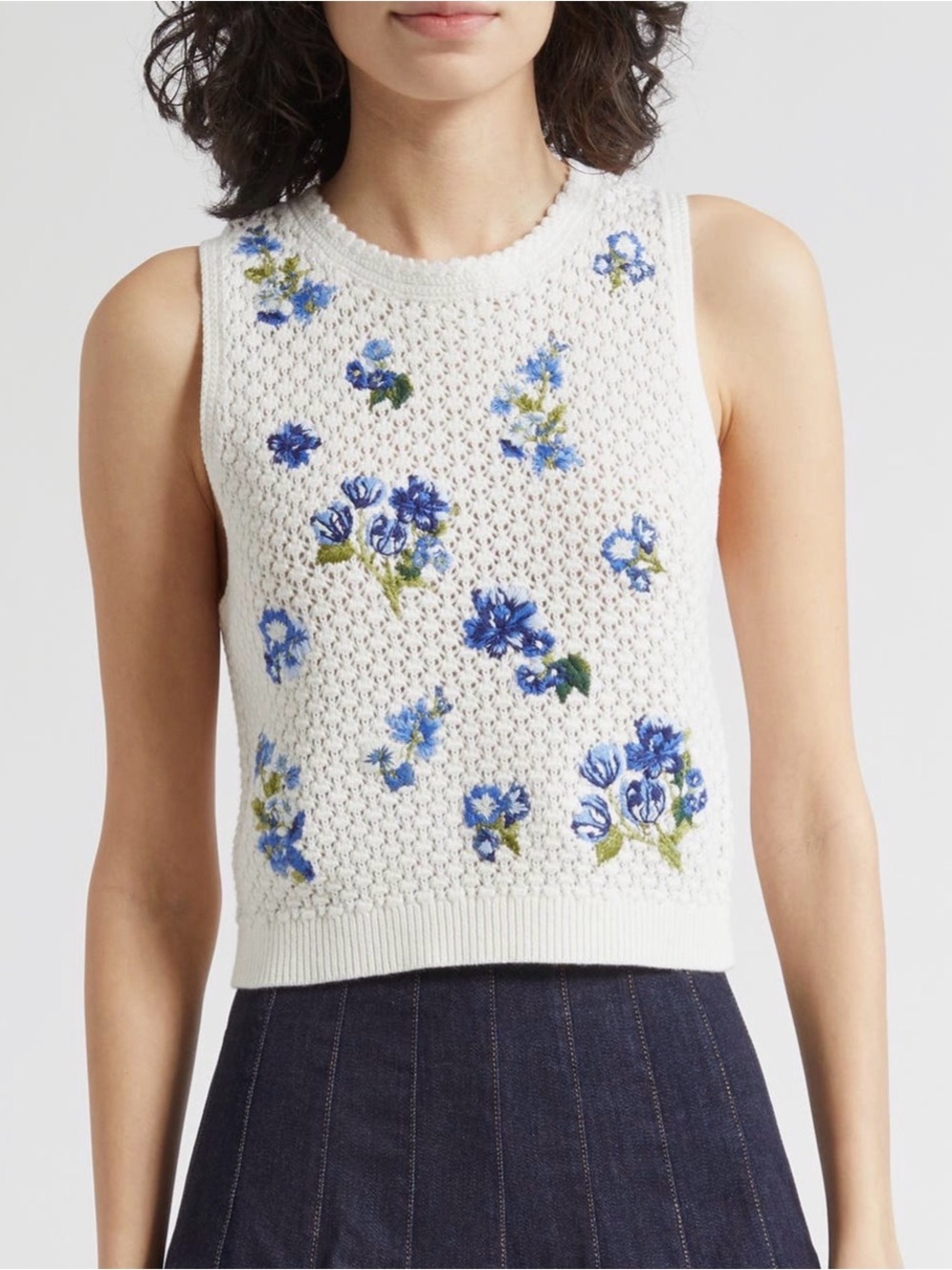 Alice + Olivia White Knit Tank with Blue Floral Embroidery - Picture 2 of 3